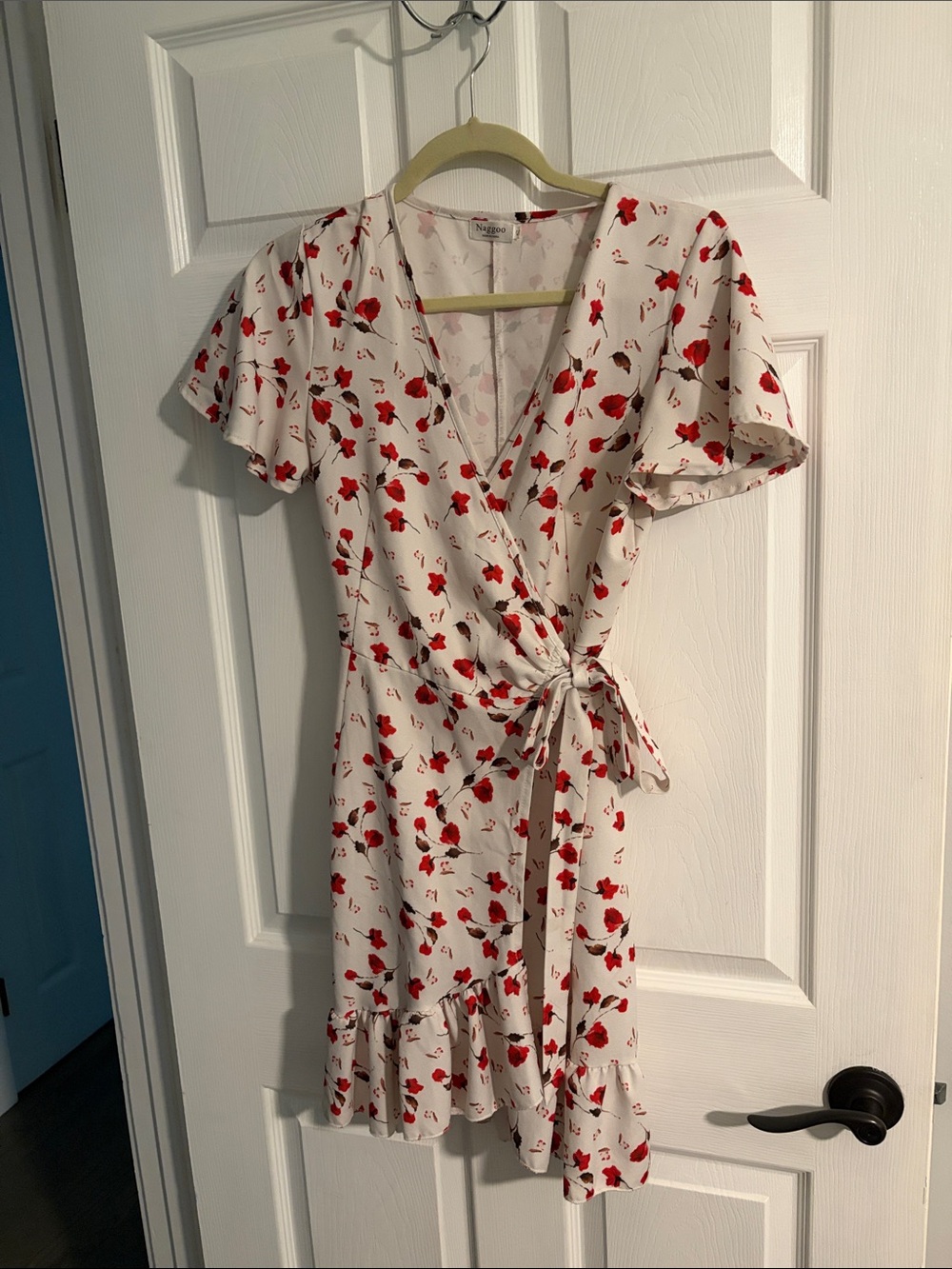 Cream Floral Wrap Dress with Red Bloom Print